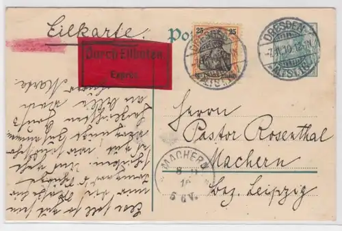 96079 DR Ganzsachen Postkarte P90 Dresden nach Machern durch Eilboten 1910