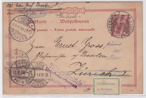96087 DR Ganzsachen Postkarte P25 Dresden nach Zürich Unzustellbar zurück 1894