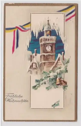 96157 geprägte Ak Fröhliche Weihnachten: Kirchturm und Glocken 1915