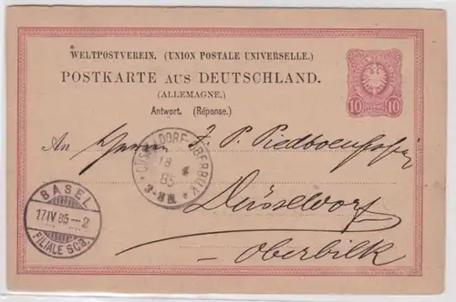 96186 DR Ganzsachen Postkarte P9A Basel (Schweiz) nach Düsseldorf 1885