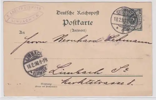 96198 DR Ganzsachen Postkarte P31bA C.Adolph Lehmann Limbach 1893