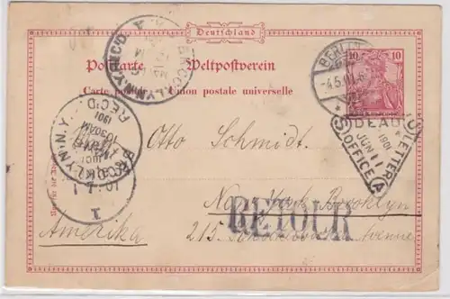 96317 DR Carte postale P53 Berlin vers Brooklyn New York USA Retour 1901