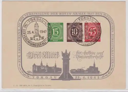 96519 Postkarte Torgau - Drei Mark für Aufbau und Umsiedlerhilfe 25.04.1945