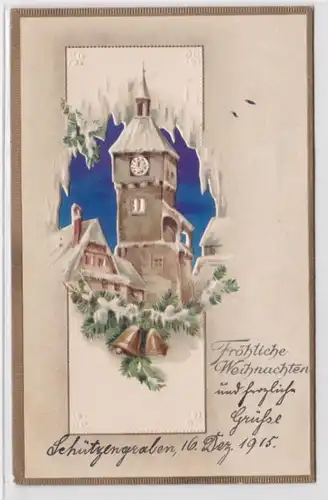 96915 geprägte Feldpost Ak Fröhliche Weihnachten: Kirchturm und Glocken