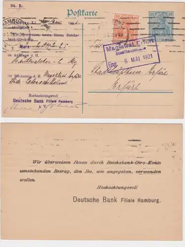 96997 DR Ganzsachen Postkarte P120 Zudruck Deutsche Bank Filiale Hamburg 1921
