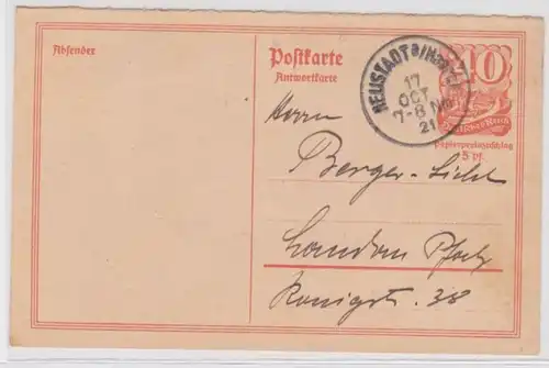 97551 Ganzsachen Postkarte P144 Neustadt nach Landau Pfalz 1921
