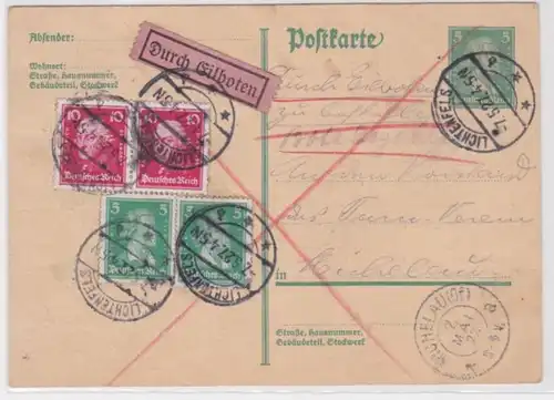 97556 Privat Ganzsachen Postkarte P170 Lichtenfels nach Michelau Eilbote 1927