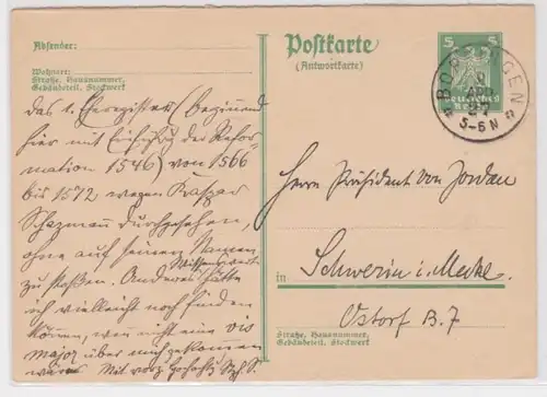 97560 DR Ganzsachen Postkarte P167A Bopfingen nach Schwerin 1927