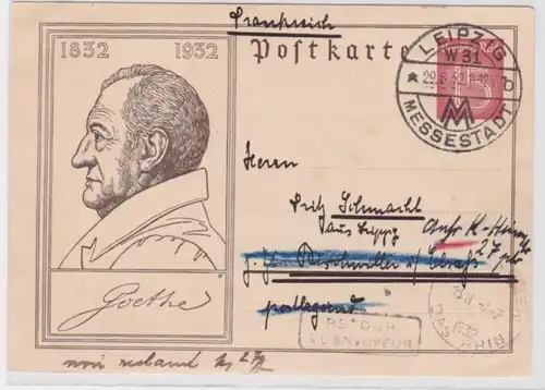 97684 Ganzsachen Postkarte P214 Leipzig ins Elsaß Frankreich - Goethejahr 1932