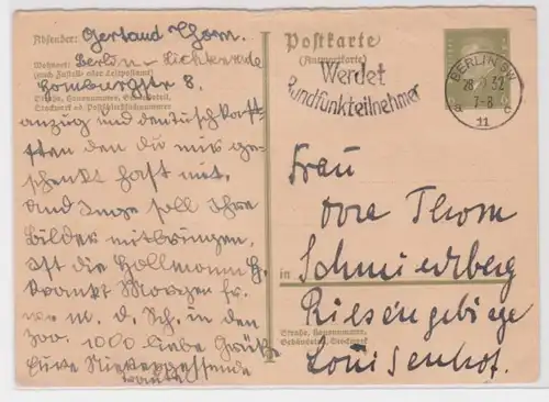 97690 DR Ganzsachen Postkarte P200A Berlin nach Schmiedeberg 1932