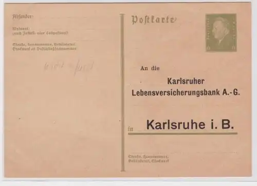 97885 DR Ganzsachen Postkarte P199 Zudruck Karlsruher Lebensversicherungsbank AG