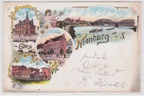 98016 Ak Lithographie Gruß aus Nienburg a.S. Post, Bahnhof usw. 1898