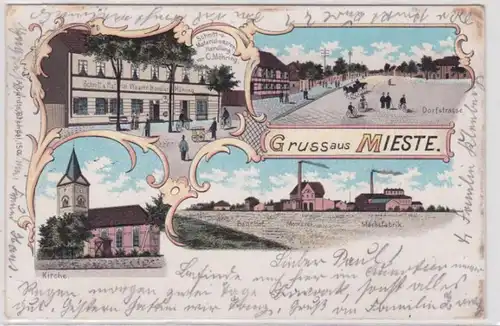 98023 Ak Lithographie Gruß aus Mieste Glasfabrik, Molkerei, Bahnhof 1901