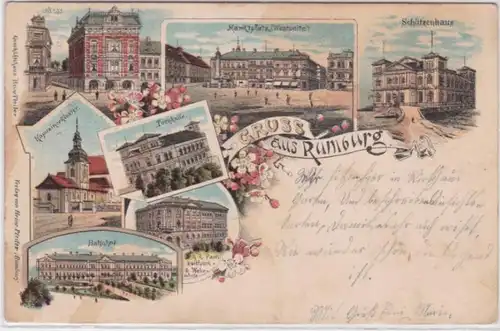 98134 Ak Lithographie Salutation de Rumburg Gymnase, gare, etc. 1900