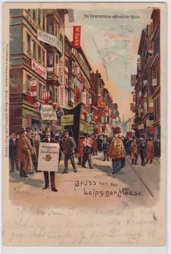 98217 Ak Gruss von der Leipziger Messe - Petersstrasse während der Messe 1900