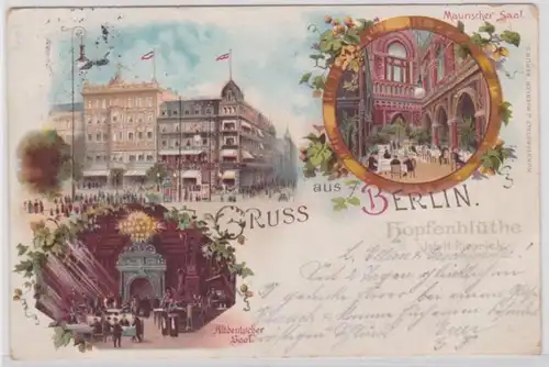 98259 Ak Lithographie Gruß aus Berlin Restaurant Hopfenblüthe 1896