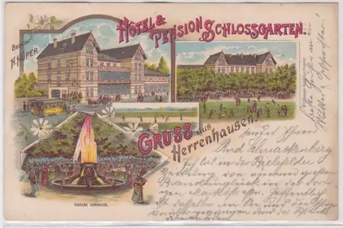 98266 Ak Lithographie Salutation de Herrhausen Hotel & Pension Schlossgarten 1899