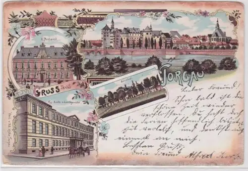 98391 Ak Lithographie Gruß aus Torgau Bahnhof, Postamt usw. 1899