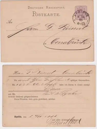 98499 DR Ganzsachen Postkarte P10 Zudruck Gutschrift Bestätigung Apolda 1883