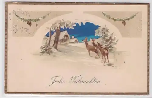 98806 geprägte Ak Frohe Weihnachten: 3 Rehe im Schnee 1914