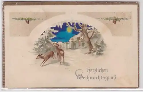 98824 geprägte Ak Herzlichen Weihnachtsgruß: Rehe im Schnee vor Haus 1918