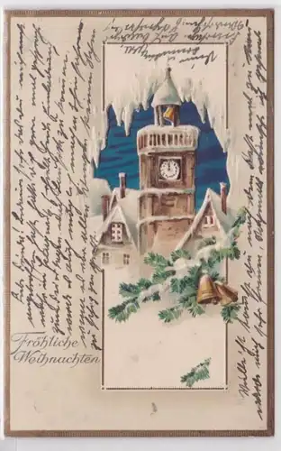 98927 geprägte Ak Fröhliche Weihnachten: Kirchturm und Tannenzweige mit Glocken
