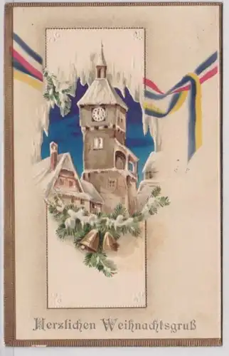 98928 geprägte Feldpost Ak Herzlichen Weihnachtsgruß: Kirchturm und Glocken