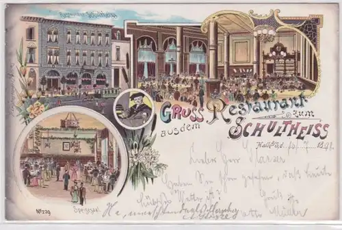 99003 Ak Lithographie Gruß aus dem Restaurant zum Schultheiss Halle 1898