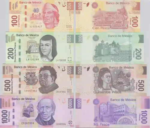 100 bis 1000 Pesos Banknoten Mexiko (2004-2006) Pick 124-127 UNC (114795)