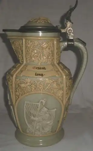 alter Keramik Krug Wein-Weib-Gesang mit Deckel Villeroy & Boch Mettlach um 1920