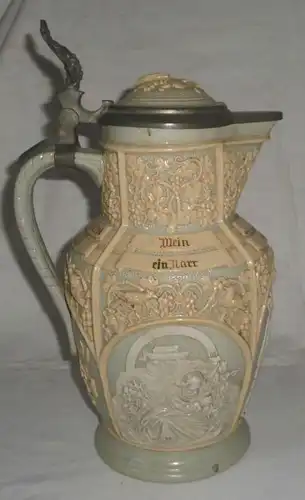 alter Keramik Krug Wein-Weib-Gesang mit Deckel Villeroy & Boch Mettlach um 1920