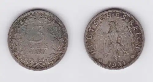 3 Mark argent pièce de monnaie de la République de Weimar pièce 1931 A chasseur 349 (117102)