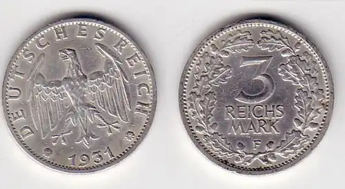3 Mark Argent Pièce de monnaie La République de Weimar 1931 F (10312)