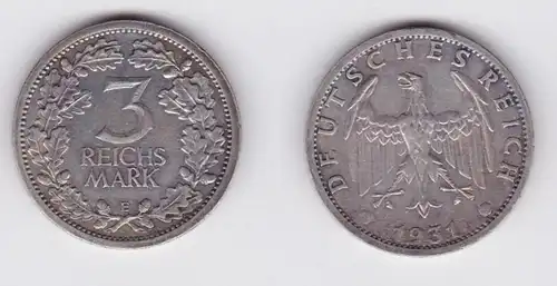 3 Mark argent pièce de monnaie de la République de Weimar pièce du cours 1931 E chasseur 349 (124418)