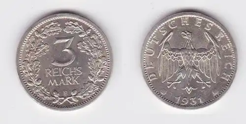 3 Mark Silber Münze Weimarer Republik Kursmünze 1931 E Jäger 349 (131183)