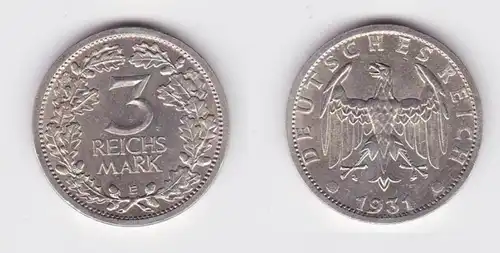 3 Mark argent pièce de monnaie de la République de Weimar pièce du cours 1931 E chasseur 349 (133183)
