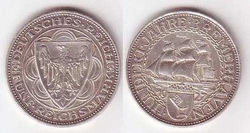 5 Mark argent pièce 100 ans Bremerhaven 1927 A (MU6577)