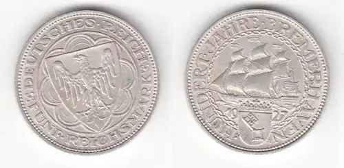 5 Mark argent pièce 100 ans Bremerhaven 1927 A chasseur 326 (118906)