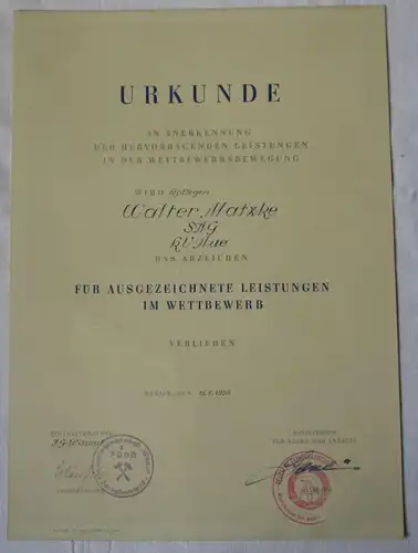 DDR Urkunde für Ausgezeichnete Leistungen im Wettbewerb FDGB 1956 (123088)