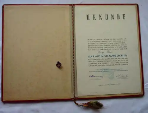 DDR Jungaktivisten-Abzeichen Aufbau Friedenswirtschaft + Urkunde 1949 (123224)