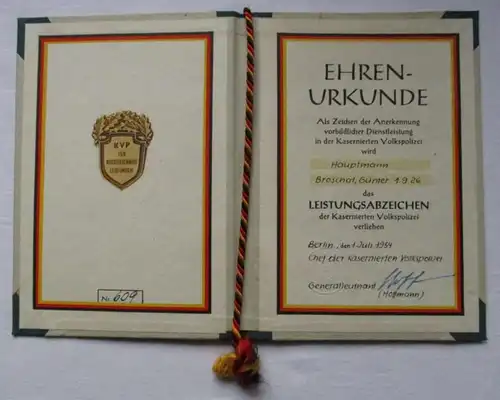 DDR Leistungsabzeichen KVP Volkspolizei + Urkunde 1954 Heinz Hoffmann (140728)