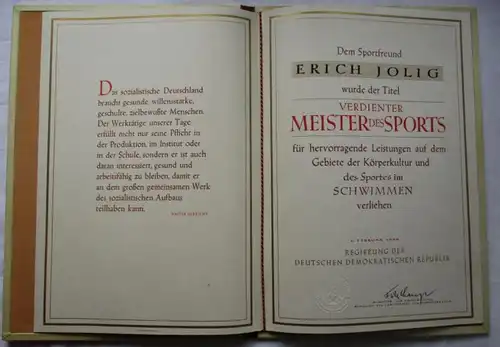 DDR Orden Verdienter Meister des Sports 1958 + Urkunde Ehrennadel 71 a (132479)