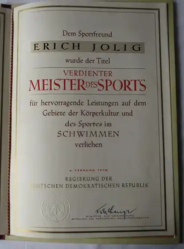 DDR Orden Verdienter Meister des Sports 1958 + Urkunde Ehrennadel 71 a (132479)
