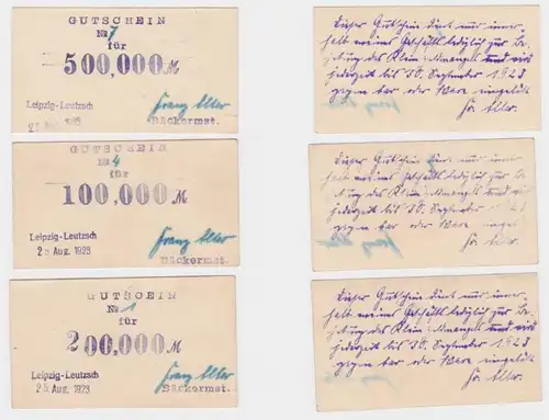 3 Banknoten Leipzig Leutzsch Franz Alter Bäckermeister 25.8.1923 (121993)