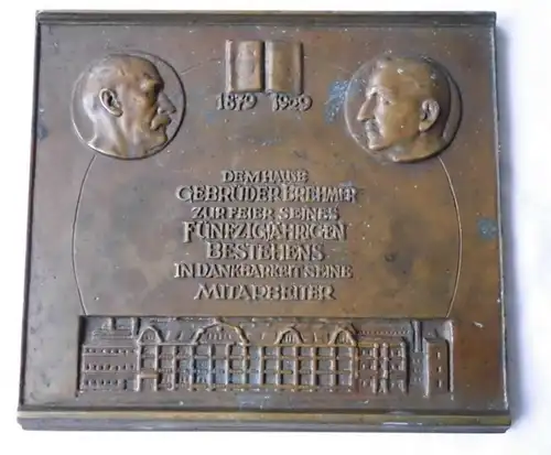 große Bronze Plakette Firma Brehmer Leipzig 1929 (110681)