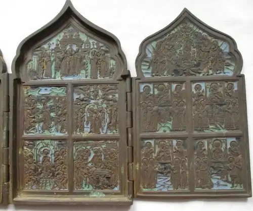 seltener emaillierter Tetraptychon Bronze Reise Altar Russland um 1800 (106551)