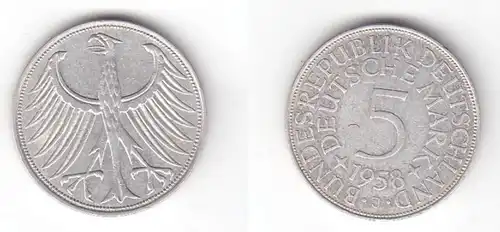 5 Mark Silbermünze Kursmünze BRD 1958 J Jäger 387 (118899)