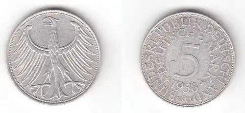 5 Mark pièce d'argent pièce de cours RFA 1958 J J Jager 387 (118899)