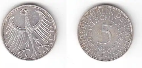 5 Mark pièce d'argent pièce de cours RFA 1958 J J Jager 387 (119047)