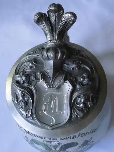 seltener Studentika 0,5 L Keramikkrug mit Zinndeckel München um 1930 (115666)